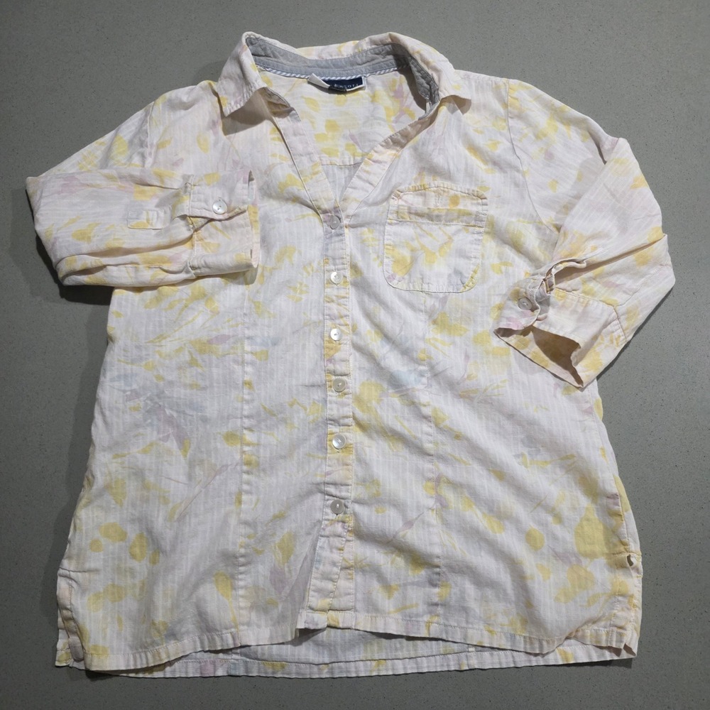 Karen Scott Womens Yellow Floral Seersucker Button‎ Down Shirt 3/4 Sleeve Size M